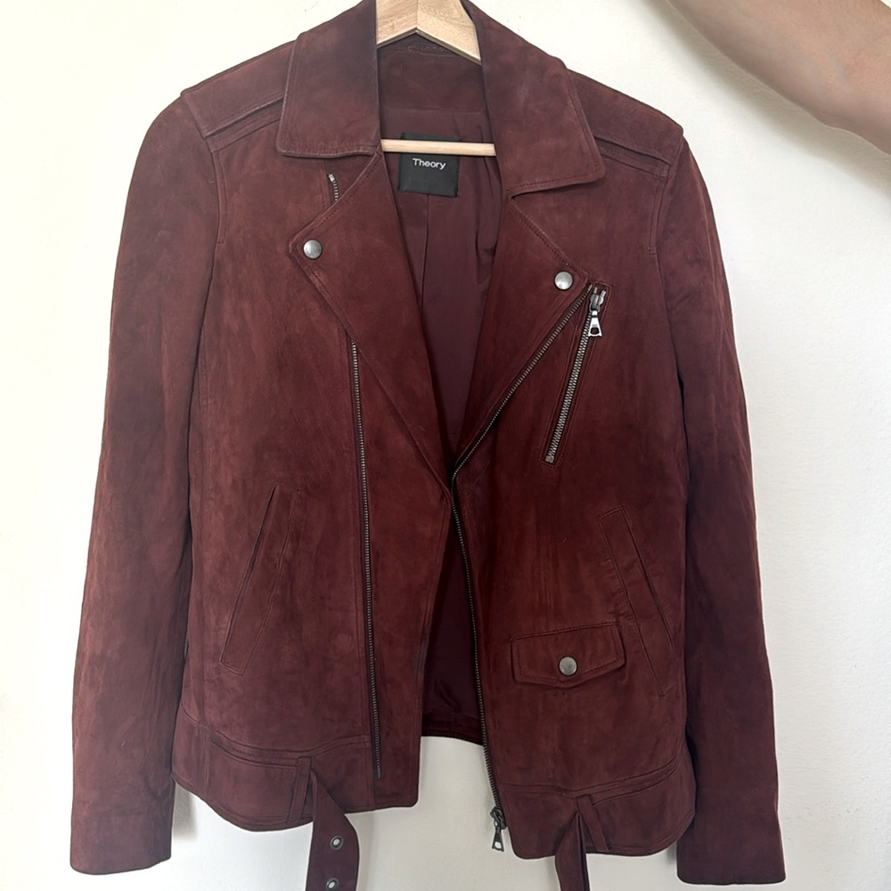 Theory 100% Suede leather jacket. Super soft, burgundy color, weather resistant.
